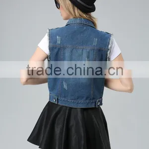 Ladies Cotton Spandex Stretch Vintage Blue Denim Vest With Studs and Rhinestones Decoration thumbnail-6