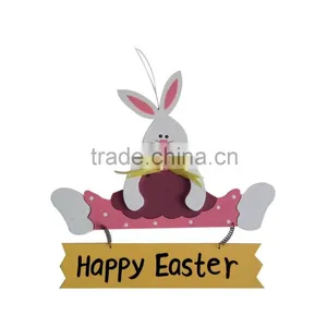 Easter Rabbit With Happy Wishes Words on Wooden Door Hanging Decoration thumbnail-1