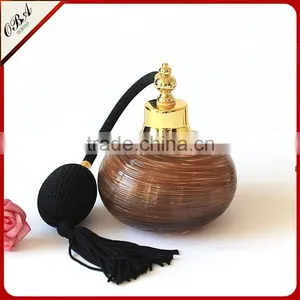 High Style Handmade Brown Stripe Ellipse Glass Perfume Bottle With Gasbag Sprayer Pump thumbnail-2