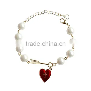 Cupid Arrow Love Bracelet Gold Arrow Red Enamel Cross Heart Charms Pearl Bead Link Bracelet thumbnail-1