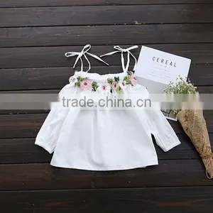 New 2017 Wholesale Summer Fashion Girls Cotton Strapless Lace Flowers Embroidered Blouses 2-8 Years thumbnail-3