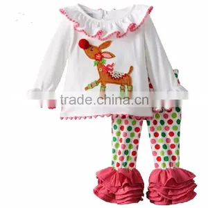 Christmas Reindeer Ruffle Cotton Toddler Girls Boutique Clothing Sets thumbnail-1