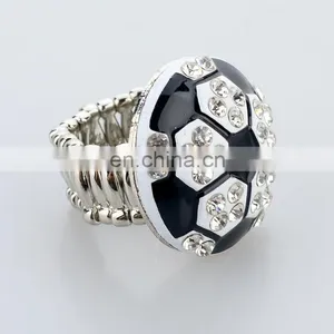 Wholesale Fashion Jewelry Silver Plating Soccer Rings,adjustable White Rhinestone Black Enamel Soccer Rings thumbnail-2