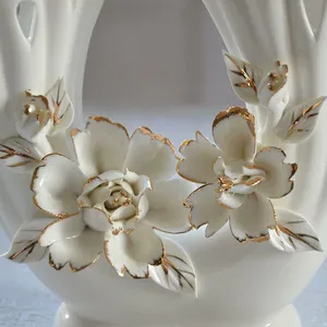 Hollow Out Gild Modern Art Hand Made Large White Ceramic Vase For Living Room Decor thumbnail-4