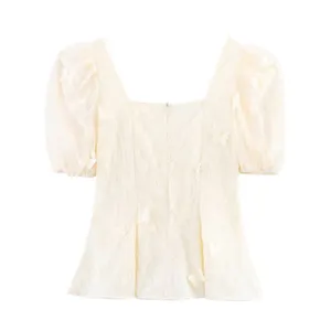 2025 New Chiffon Printed Women's Summer Outfit, New Cover Belly Slimming Round Neck Embroidered Bubble Sleeve Top thumbnail-4