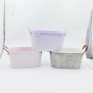 Farmhouse Oval Metal Planter Basket, Honeycomb Embossed Iron Flower Pot With Handles for Home Dried Floral Decor thumbnail-1