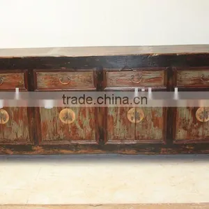 Chinese Antique Furniture Long Distressed Sideboard thumbnail-1