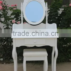 French Style White Wooden Dressing Table With Stool and Mirror thumbnail-1