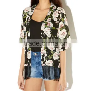 Wholesale Women New Fashion Floral Printed Chiffon Shawl Tops Fringe Tassel Vintage Print Loose Kimono Beach Cover Up Beachwear thumbnail-2