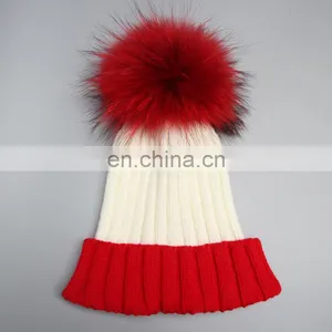 Stock Hat Fashion Winter Real Big Raccoon Fur Ball Knitted Beanie Hat thumbnail-5