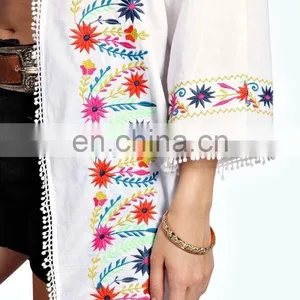 BRIGHT EMBROIDERED KIMONO Latest Beach Kimono Soft Cotton Fabric Embroidered Kimono With Fringed Hem thumbnail-4