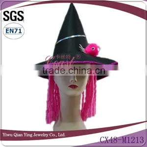 Halloween Girls Witch Hat With Curly Pink Hair Wig Attached thumbnail-1