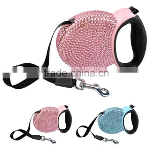 Bling Rhinestone Studded Retractable Dog Pet Leashes Extending Leads Pink/Blue thumbnail-1