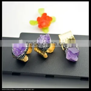 LFD-0016R ~Fashion Jewelry Gold Plated Nature Amethyst Quartz Rings, Crystal Rhinestone Paved Gems Druzy Ring Adjustable Size thumbnail-3
