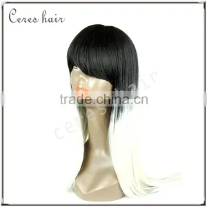 Black and White Two Tone Ombre Synthetic Fiber Wig Long Neat Bang Silk Straight Hair Wig for Black Women thumbnail-3