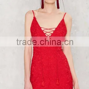 2016 OEM Service Sexy Cotton Tassel Backless Red Crochet Mini Dresses thumbnail-2