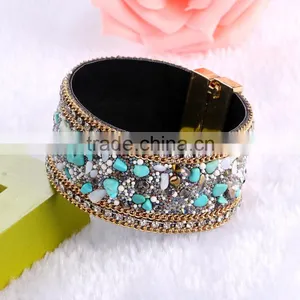New Arrive Nature Stone Wide Crystal Velvet Magnetic Clasp Bracelet Bohemia Style For Women thumbnail-3