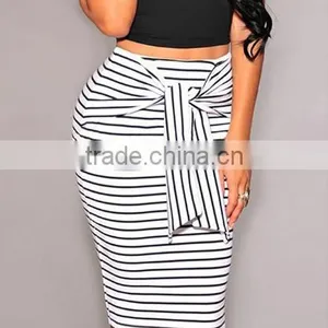 Stylish Ladies Women Sexy High Waist Striped Stretch Bodycon Package Hip Knee Length Skirt thumbnail-6