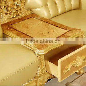 European Style Golden Color Wooden Hand Carved Living Room Leather Sofa Furniture Set(MOQ=1 SET) thumbnail-2
