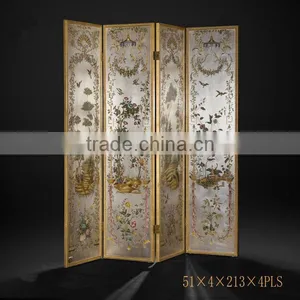 Elegant Gilt Wooden Floor Screen, Gold Painted Flower & Bird Four Panel Folding Screen, Curio Classic Furniture Decor Screen thumbnail-1