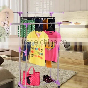 Stainless Steel Adjustable Telescoping Vertical and Horizontal Bars Double Rails Rolling Clothing Rack and Garment Rack thumbnail-2