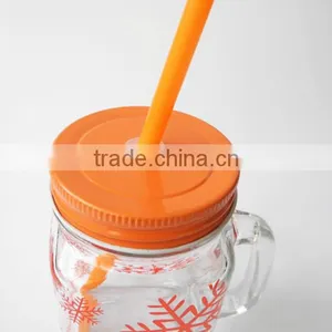 Hot Sale Snowflake Surface Handling Glass Cold Drink Jar With Straw thumbnail-2