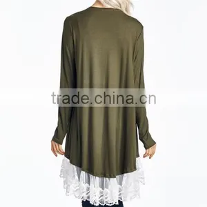 Women Nylon Spandex Stretch Blend Olive Lace Trim Open Cardigan 2017 New Arrival thumbnail-3