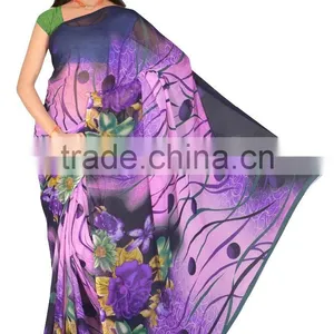 Beige & Black Colored Georgette Satin Printed Saree. thumbnail-3
