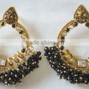 Black Beads Polki Gold Tone Dangler EARRINGS thumbnail-1