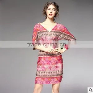 F20045A Europe Style Women Silk Dress Printed Pattern One Piece Dress thumbnail-1
