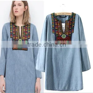 EY0588A Hot Salling Women Ethnic Wind Embroidery Long-sleeved Cowboy Dress thumbnail-1