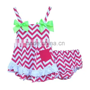 Red and White Wave Stripe Outfits Baby Girls Romper Sets Sleeveless Summer Bow Clothes thumbnail-1