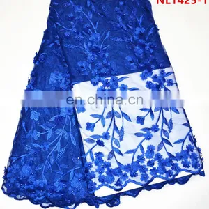 2017 Sky Blue African Lace Fabrics Tulle Beaded Lace , Leaf Design Sequins French Net Lace Fabric thumbnail-2