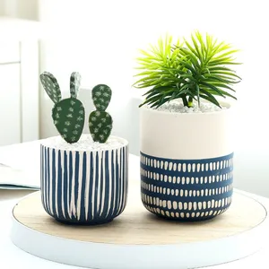 Blue And Yellow Stripe Large Hand Paint Ceramic Flower Pot For Study And Dining Room thumbnail-5