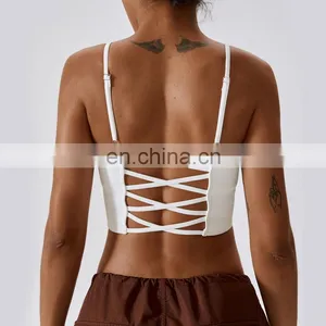 Ribbed High Support Sports Strapped Bras Wholesale Cross Back Adjustable Sling Yoga Tank Top thumbnail-2