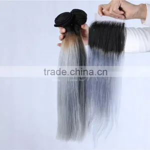 Grey and Black Ombre Hair Extensions Hair Weaves and Silver Gray Virgin Hair Closure Supplier's Choice thumbnail-1