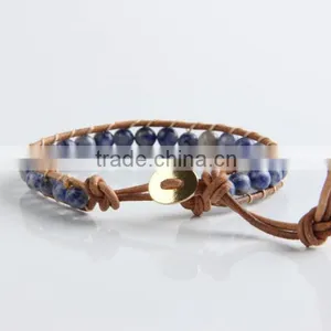 Newest Popular White &blue Stone Leather Bracelet Woven Lap 6 mm Wear Bracelet All Hand Needle for Women Chain Bracelet thumbnail-1