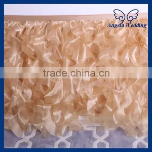 SK004A Fitted Decorative Ruffled Curly Willow Gold Table Skirts for Weddings thumbnail-1
