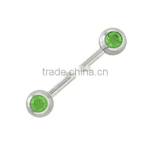 Barbell Nipple Piercings Ring Surgical Steel With Green Jewels (6mm) thumbnail-1