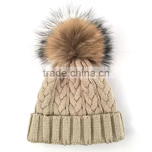 Myfur Cable Knit Hat Wholesale Beanie Cap With Raccoon Fur Pom Poms thumbnail-2