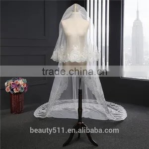 2017 Wholesale New Grance Long Lace Bridal Wedding Veil Long Tulle Emboried Lace Bridal Wedding Veils HL12 thumbnail-2