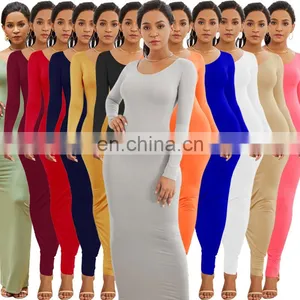 2020 Wholesale Casual Cotton Fall Winter Solid Color Pencil Maxi Dress Long Sleeve Bodycon Dresses Women thumbnail-1