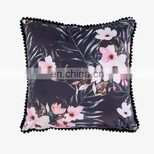 3D Flower Colorful Printed Decorative Pompom Linen Square Cushions Cushion for Chair Sofa thumbnail-2