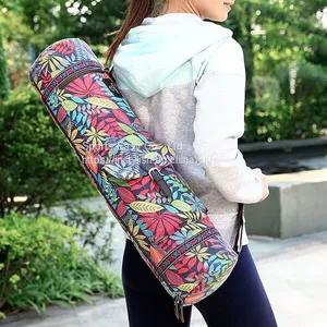 Flower Printed Canvas Yoga Mat Bag With Inside Pockets and Shoulder Carrying Strap thumbnail-1