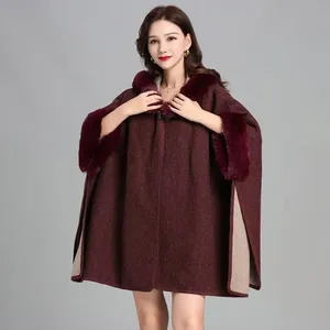 European and American Imitation Rex Rabbit Fur Collar Hooded Large Cape Cape Knitted Cardigan Fur Coat Woman thumbnail-2