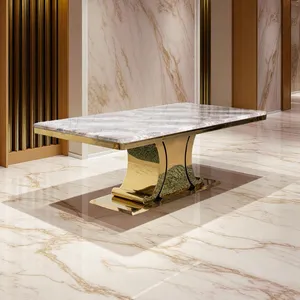 Luxury Stainless Steel Frame Sintered Stone Natural Marble Top Household Dining Table For Villa Hotel Wholesale thumbnail-4