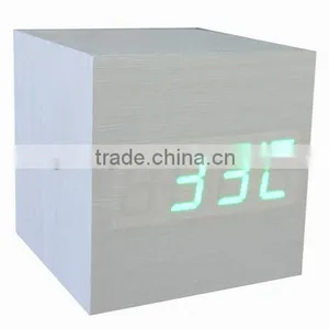 Cube Wooden LED Alarm Clock Despertador Temperature Solids Voice Control LED Display Electronic Desktop Digital Clocks Calendar thumbnail-1