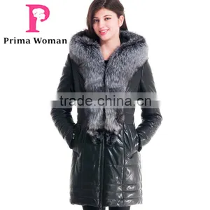 2015 Winter Medium Length Women Leather Jacket With Brown Fox Hat Overcoat thumbnail-1