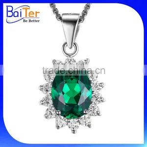 Unique Custom Rhodium Plated CZ 925 Sterling Silver Lab Created Emerald Cross Pendant thumbnail-6