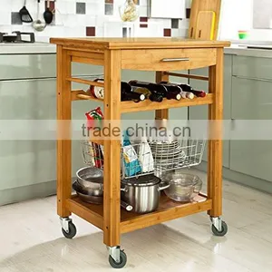 High Quality Bamboo Wheeled Kitchen Trolley With Basket Kitchen Storage Cart Kitchen Storage Rack With Drawer thumbnail-2